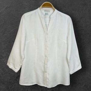 TWEEDS 100% Linen White Top Tunic Blouse Embroidered Button Classic Lagenlook M